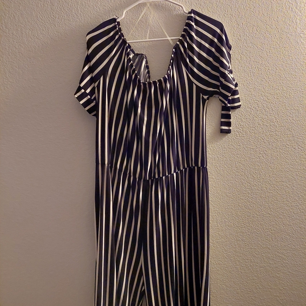Vibe Sportswear Elastic Waist Jumpsuit Black/White Stripe Size 2X